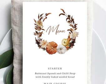 Thanksgiving Menu Template | Watercolor Pumpkin Floral (Instant Download)