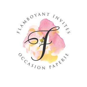 May include: A watercolor illustration of a pink and yellow flower with a black stylized letter "F" in the center. The text "FLAMBOYANT INVITES OCCASION PAPPERIE" surrounds the flower.