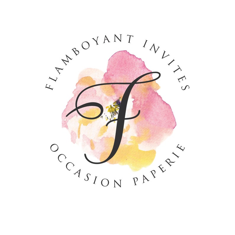 May include: A watercolor illustration of a pink and yellow flower with a black stylized letter "F" in the center. The text "FLAMBOYANT INVITES OCCASION PAPPERIE" surrounds the flower.