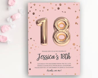 18th Birthday Printable Invitation, Rose Gold Balloon - Instant Download