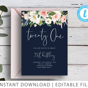 21st Birthday Printable Invitation, Editable Template Instant Download, Floral Invite