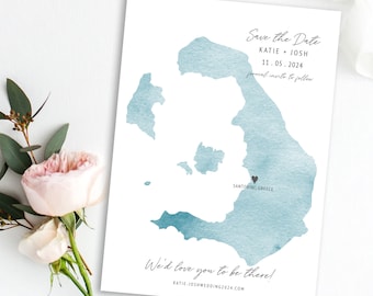 Santorini Wedding Save the Date Template | Watercolor Map (Digital Download)