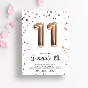 11th Birthday Printable Invitation, Rose Gold Balloon - Instant Download