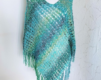 Crocheted poncho, lace crocheted summer poncho with fringes, melange shawl poncho, shawl.