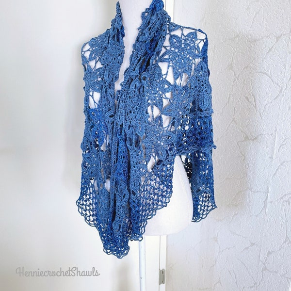 Blue boho Shawl, bridal shawl, gift, shawl gift for women, crochet flowers shawl, shawl bridesmaid, shawl brides-mother, pareo, lace shawl.