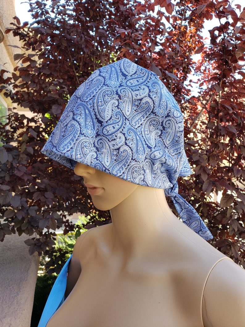 Homemade Blue Paisley Surgical Cap Cotton Cloth Bouffant Hat Tie Back For Nurses and Doctors