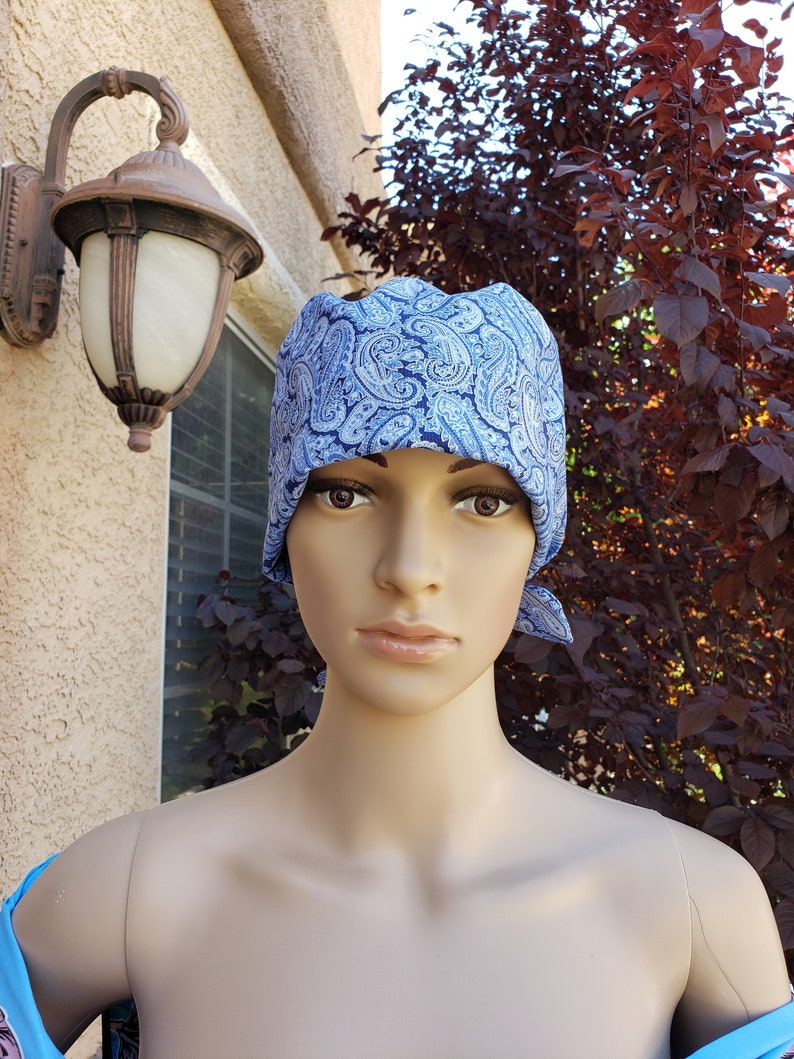 Homemade Blue Paisley Surgical Cap Cotton Cloth Bouffant Hat Tie Back For Nurses and Doctors