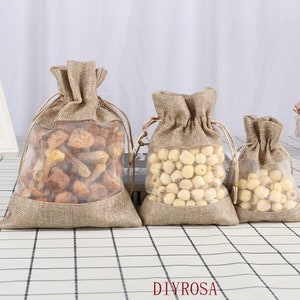 10 PCS Burlap Window Gift Bags – Reusable Drawstring Pouches for Jewelry, Tea, Wedding Favors, Soap, Small Gifts – Eco-Friendly P046