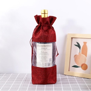 10 PCS Burlap Wine Bottle Bags with Window – Customizable Drawstring Gift Bags for Wine -P070