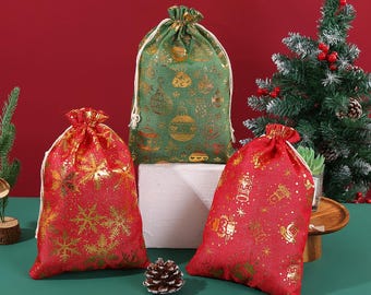 10 PCS Christmas Linen Drawstring Gift Bags for Party Favors & Gifts P293