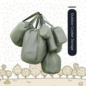 May include: A collection of olive green mesh storage bags of varying sizes, hanging together. Each bag has a drawstring closure and a handle. The text "Outdoor Cooker Storage" is on a dark blue vertical rectangle.