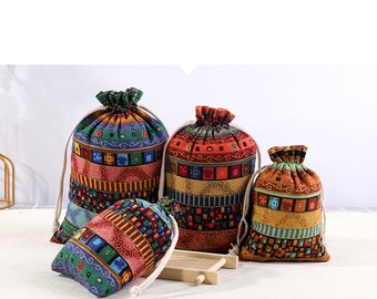 10 PCS Ethnic Cotton Linen Drawstring Bags, Gold Print Jewelry Pouches, Wedding Favors
