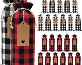 Custom Christmas Plaid Drawstring Wine Bottle Bags for Holiday, Weddings & Shops -P280