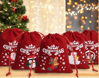 Christmas Red Velvet Drawstring Bags, Set of 10 Reusable Gift Packaging -P071