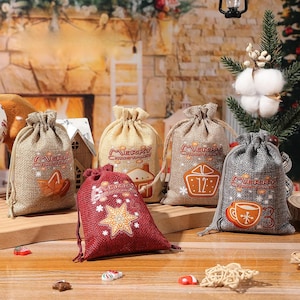 Christmas Burlap Drawstring Bags (Set of 24) for Advent Calendar & Gifts-P069