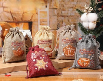Christmas Burlap Drawstring Bags (Set of 24) for Advent Calendar & Gifts-P069