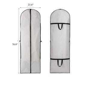 以下が含まれることがあります： ジッパーと2つのハンドルが付いた白い衣類用バッグ。バッグの長さは180cm、幅は60cmです。