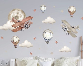 Airplane Hot Air Balloon Wall Decal, Aircraft Sky Clouds Sticker Watercolour, peel and stick, Air Transport Wall Decal, Boys Room Self-Adhev