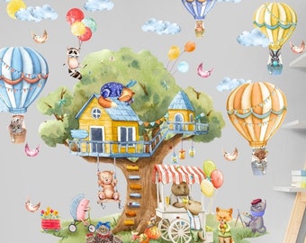Décalcomanie murale maison dans les arbres, montgolfière - Sticker mural cabane dans les arbres, chambre d'enfant, autocollants en vinyle auto-adhésifs - Design pour chambre d'enfant