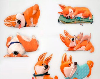 La calcomanía de pared del perro Corgi galés, acuarela de pegatina de cachorro lindo naranja, cáscara y palo de guardería, calcomanía de animales bebés, niños niñas autoadhesivos