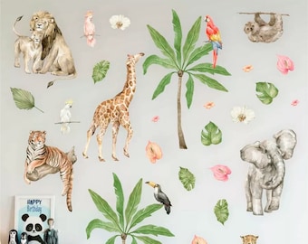 Pegatinas de pared de animales de Safari, calcomanía de pared de Safari, calcomanía de pared de sabana para niños, decoración de vivero de selva, vinilo de leones de elefante jirafa