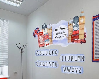 Calcomanía de pared de Gran Bretaña, pegatina de decoración del alfabeto, arte de pared de la habitación para niños de Londres, pegatinas de pared removibles, pelar y pegar inglés, acuarela