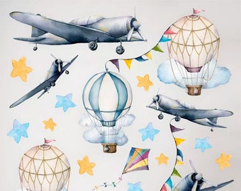 Aircraft Planes Trend Wall Sticker Nursery Room Watercolour, Vehicle Wall Decal, Self-Adhesive Vinyl Sticker, Peel and Stick Art Kids Decor