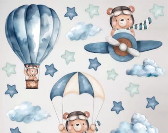 Cute Baby Bear Wall Stickers, Teddy Bear Flying Decals, Nursery Bear Hot Air Ballon Plane Wall Decals, Wall Decals Self-Adhesive Vinyl