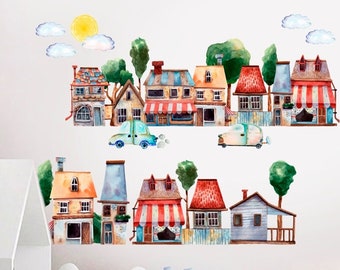 Fairytale Town House Wall Decal, Watercolor City Cars Wall Sticker, Self-Adhesive Scandinavian Houses Vinyl Decor, Decoration, Accessories