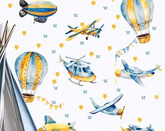 Airplanes and Hot Air Balloons Wall Decals, Aircraft Kids Room Stickers, Boys Room Decor, Nursery Wall Sticker, Self-adhesive vinyl decor