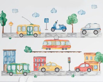 Vehicles City Traffic Watercolor Wall Decals, Cars Transport Sticker Boys Room, Wall decals peel and stick, Nursery, Self-adhesive