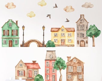 Watercolor City Town Buildings Stickers, Houses Wall Decal for Kids, Room Decoration, Watercolour Peel and Stick, Vinyl Decoration, Nursery