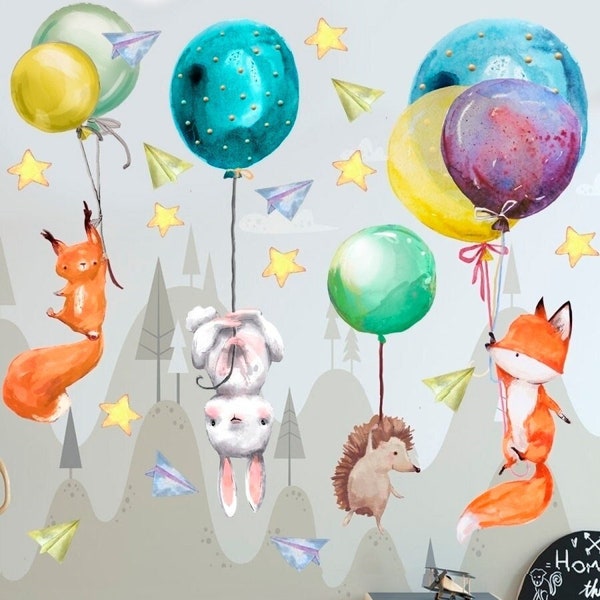 Tiere auf Luftballons Wandtattoo, fliegende Tiere Wandaufkleber, Kinderzimmer Dekoration, Kinderzimmer Dekor, selbstklebendes Vinyldekor