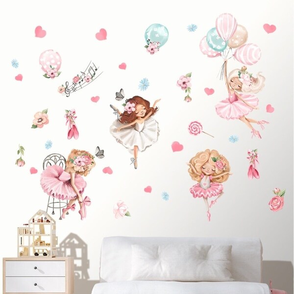 Ballerinas Wall Decal for Kids Room, Girls Dancing Watercolour Re-useable Self Adhesive Wall Sticker for Nursery, peel&stick, Vinyl Stickers