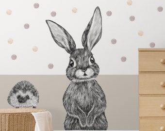 Bunny Rabbit Nursery Wall Stickers, Rabbit Wall Decals, Bunny Rabbit, Bunny Wall Sticker, Hedgehog Decal, Nursery Decor, Gift, Kid's Room