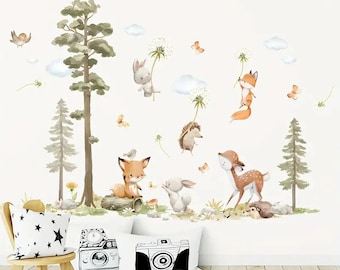 Forest Baby Animals Wall Sticker, Big Trees Wall Decal, Woodland Nursery Design Wall Decor, Kid's Room, Self-Adhesive Vinyl, Peel and Stick