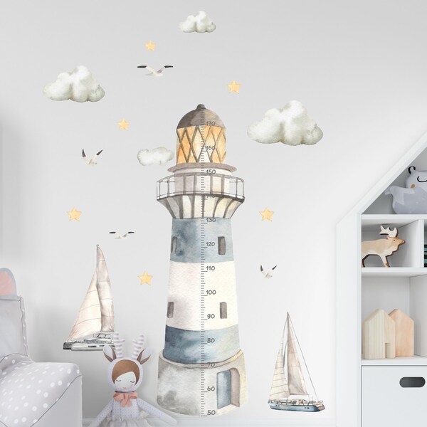 Sticker phare avec courbe de croissance pour chambre d'enfant, sticker mural toise bleu marine, déco pour chambre d'enfant