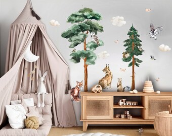 Forest Wall Decal, Woodland Tree Animals Sticker, Peel and stick Vinyl