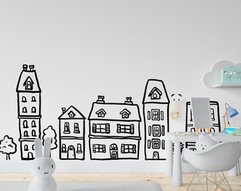 Doodle City Wall Art Calcomanías para la habitación de los niños Sala de juegos Decoración de la guardería preescolar - Pegatinas de pared de la casa pintadas a mano, Calcomanía moderna de la guardería Neutral