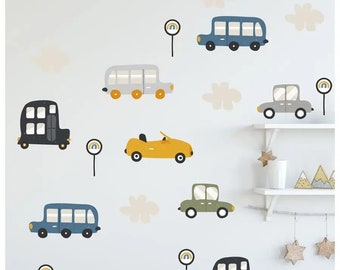 Coches Auto Dibujos animados Vehículos Calcomanía de pared, Transporte Etiqueta Acuarela, Pelar y pegar Decoración moderna Escandinavo Niños Niñas Habitación Autoadhesivo