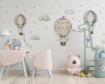 Calcomanía de pared de vivero de cielo de globo de aire caliente, pegatinas de nubes de aire caliente de acuarela, calcomanía de pared para niños, arte de pared de globo de aire, decoración de vivero