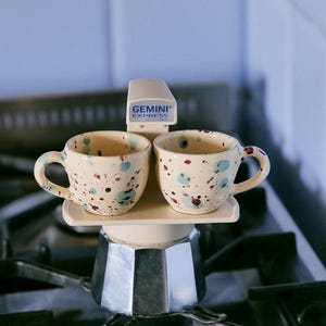 May include: A white stovetop espresso maker with two small, speckled, cream-colored cups on top. The espresso maker is labelled "GEMINI EXPRESS" in blue lettering.