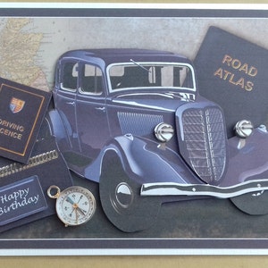 Tarjeta de cumpleaños para hombre, hombre, él, papá, padre, hijo, yerno, hermano, cuñado, abuelo, tío, amigo - Tarjeta del Día del Padre - coche clásico de época