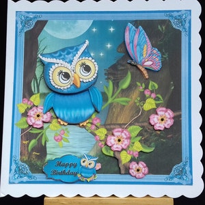 Geburtstagskarte für Frauen weiblich ihr offenes Mädchen Teenager - blaue Eule, Schmetterling, Blumen, 3D decoupage - handgefertigt