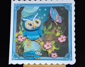 Birthday card for women female her open girl teen - blue owl, butterfly, flowers, 3D decoupage - handcrafted