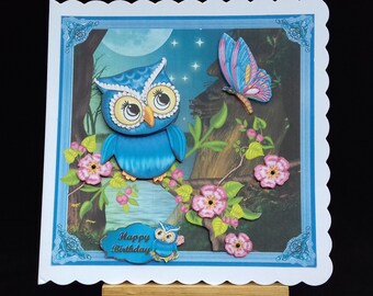 Birthday card women female girl teen mum wife daughter sister grandma aunt niece friend partner - blue owl, butterfly, flowers, 3D handmade