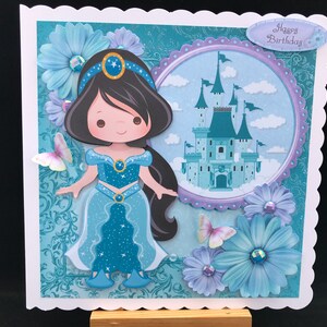 Geburtstagskarte für Mädchen Tochter Schwester Enkelin Nichte Urenkelin Patentochter Freundin - süße Prinzessin, Schloss, Blumen, 3D, 20x20cm