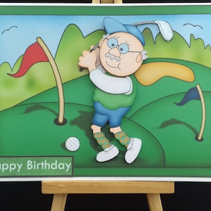 Carte d'anniversaire homme homme papa mari fils frère grand-père oncle ami partenaire - Carte de fête des pères - golf - 3D fait main - Bert jouant au golf
