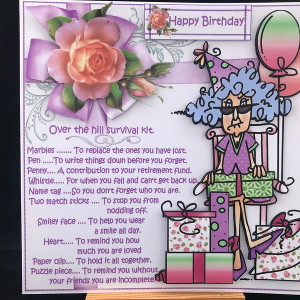 Funny humour birthday card women female ladies older mum wife sister sister-in-law grandma aunt friend - Stella over the hill survival kit