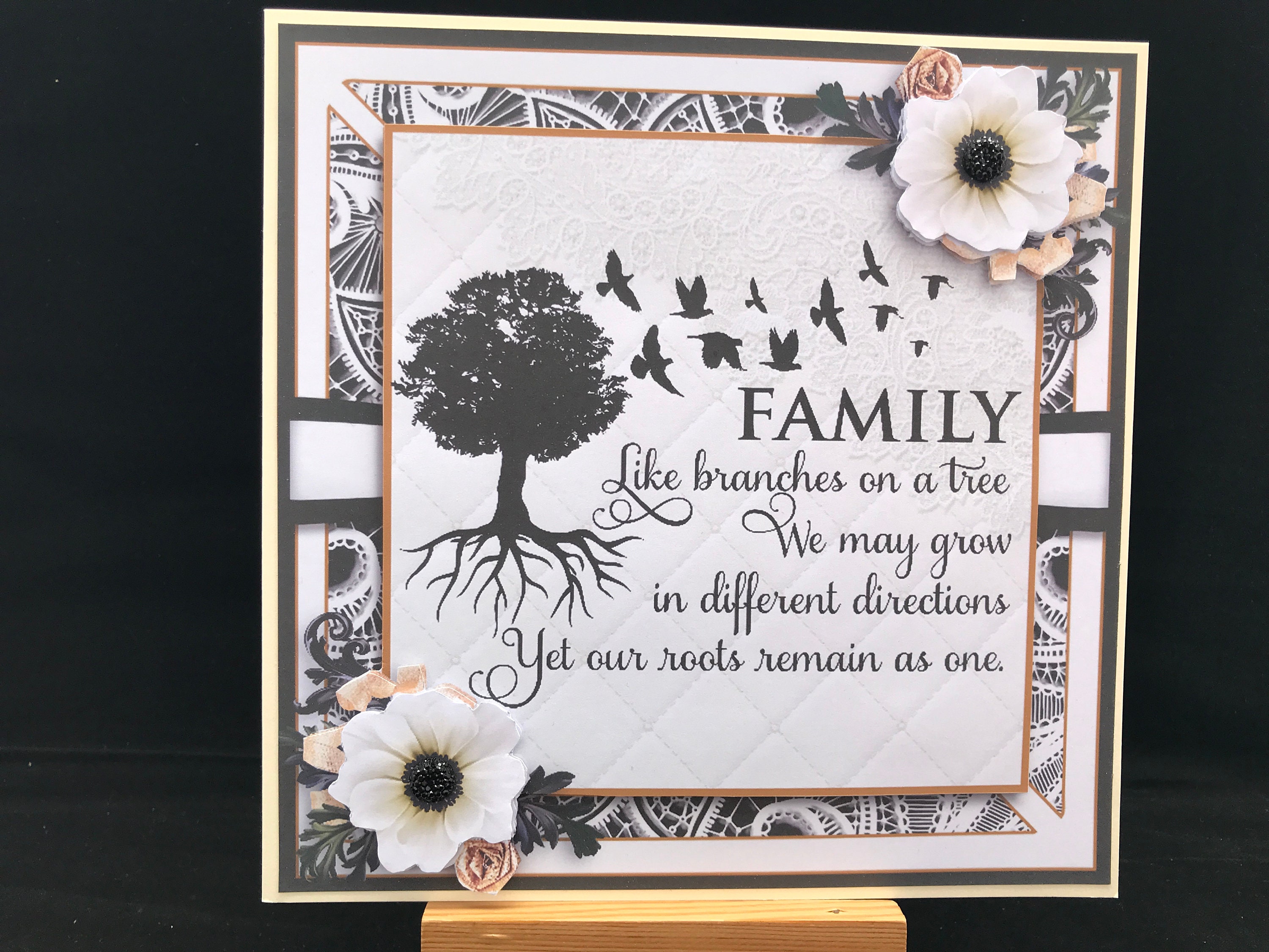 Birthday card for women female her open - blank card - family tree quote - 3D decoupage - floral - 8" x 8"